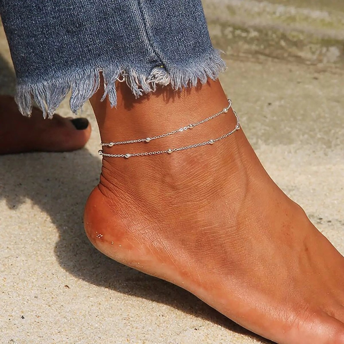 Kyerlyn Layered Silver Bead Ankle Bracelets - KYERLYN