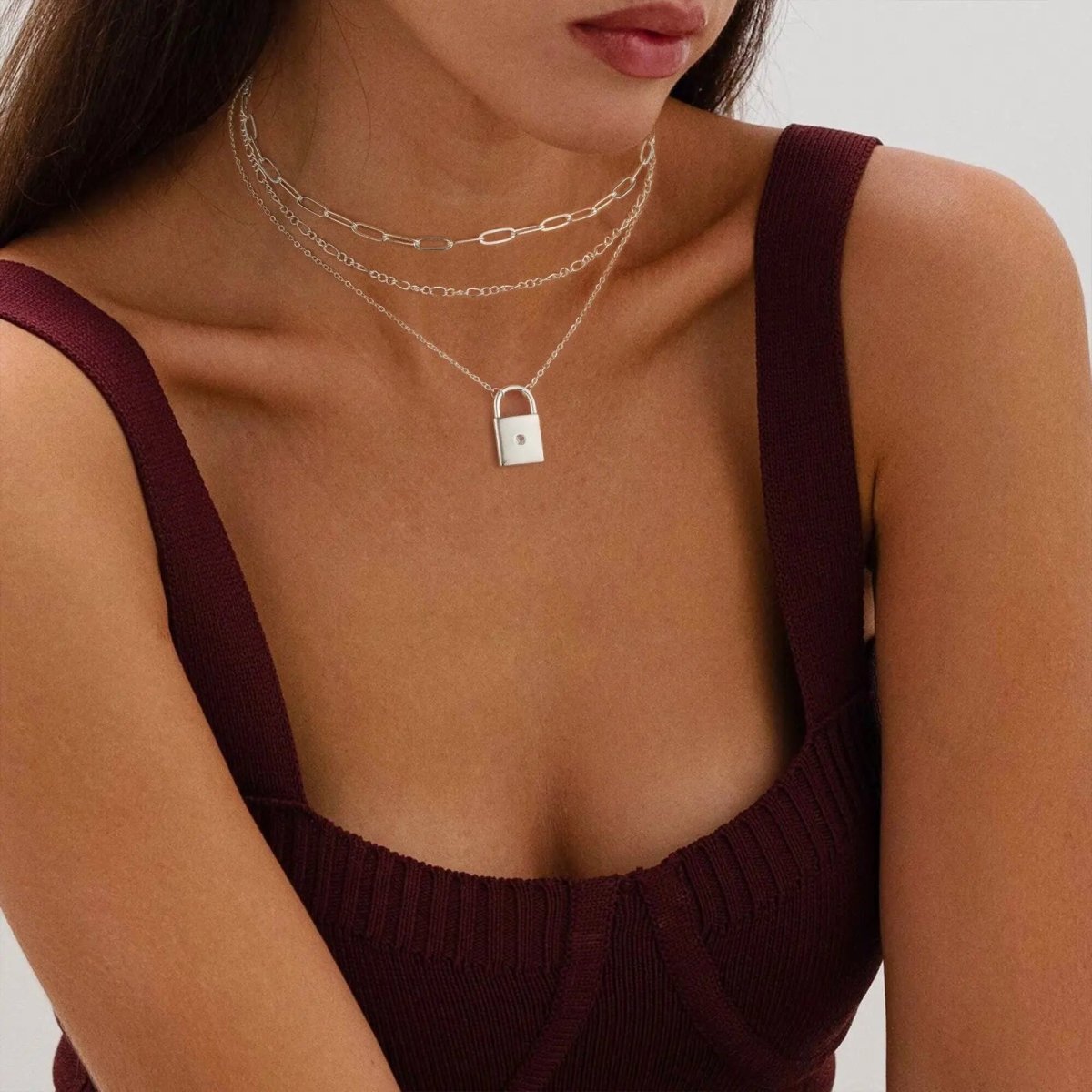 Kyerlyn Sliver Layered Lock Necklaces - KYERLYN