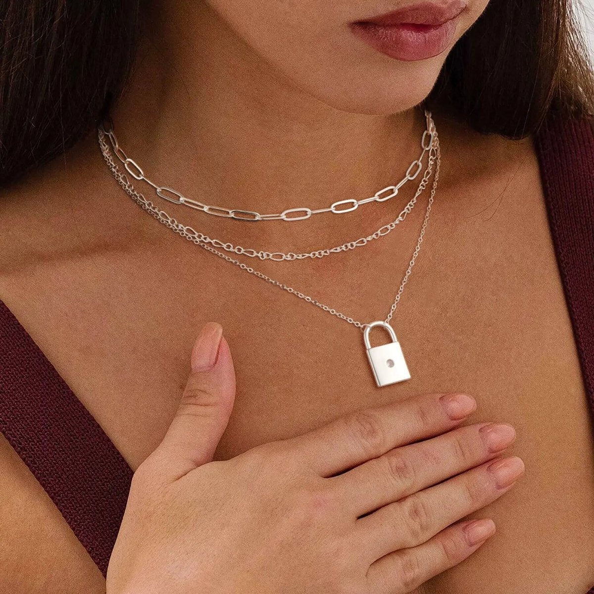 Kyerlyn Sliver Layered Lock Necklaces - KYERLYN