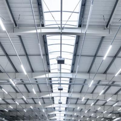 Industrial ceiling with skylights and LED lights.