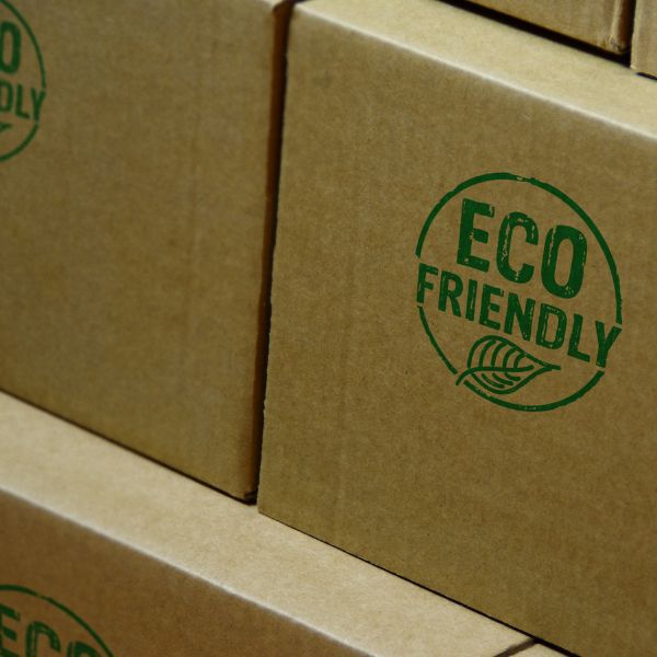 Eco-friendly labeled cardboard boxes.