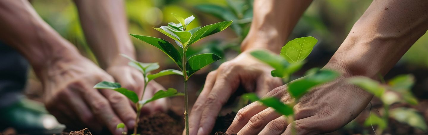 Hands planting young trees in soil, close-up on seedlings and hands.