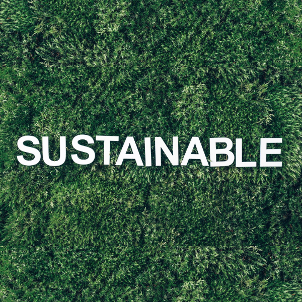 The word "SUSTAINABLE" on a background of green grass.