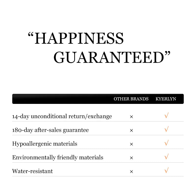 Kyerlyn brand benefits chart, highlighting jewelry guarantees and customer satisfaction.